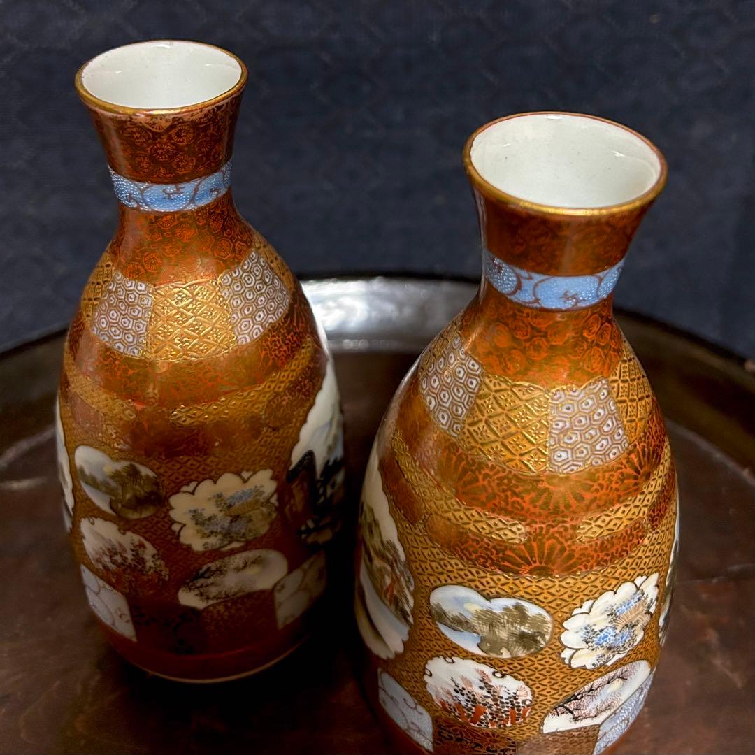 最上級　南魚沼市旧家蔵出品　金彩窓絵図　蓋付徳利　無傷　本物保証