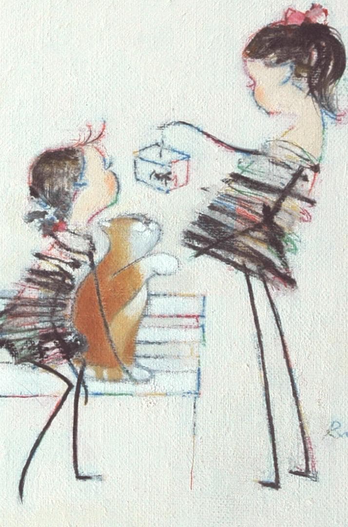 油絵 菅家令子絵 絵画インテリア額付(青緑＋金色の枠)F4-030219猫犬女子