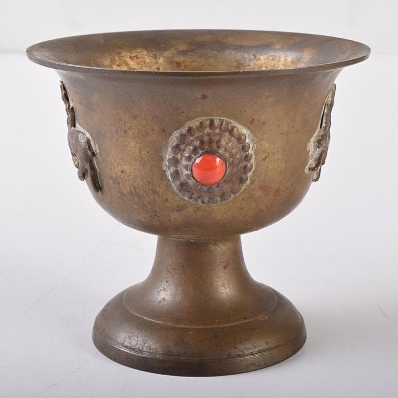 中国　古銅　鹿刻　玉石装飾　稀石嵌込　高足盃　杯　時代箱付　V　R8138