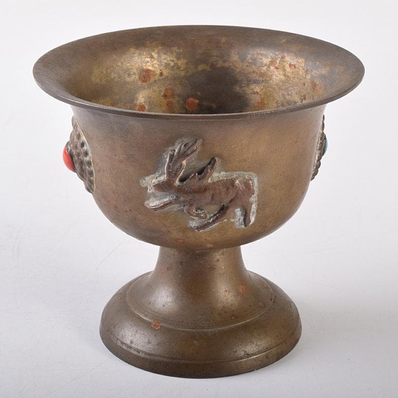 中国　古銅　鹿刻　玉石装飾　稀石嵌込　高足盃　杯　時代箱付　V　R8138