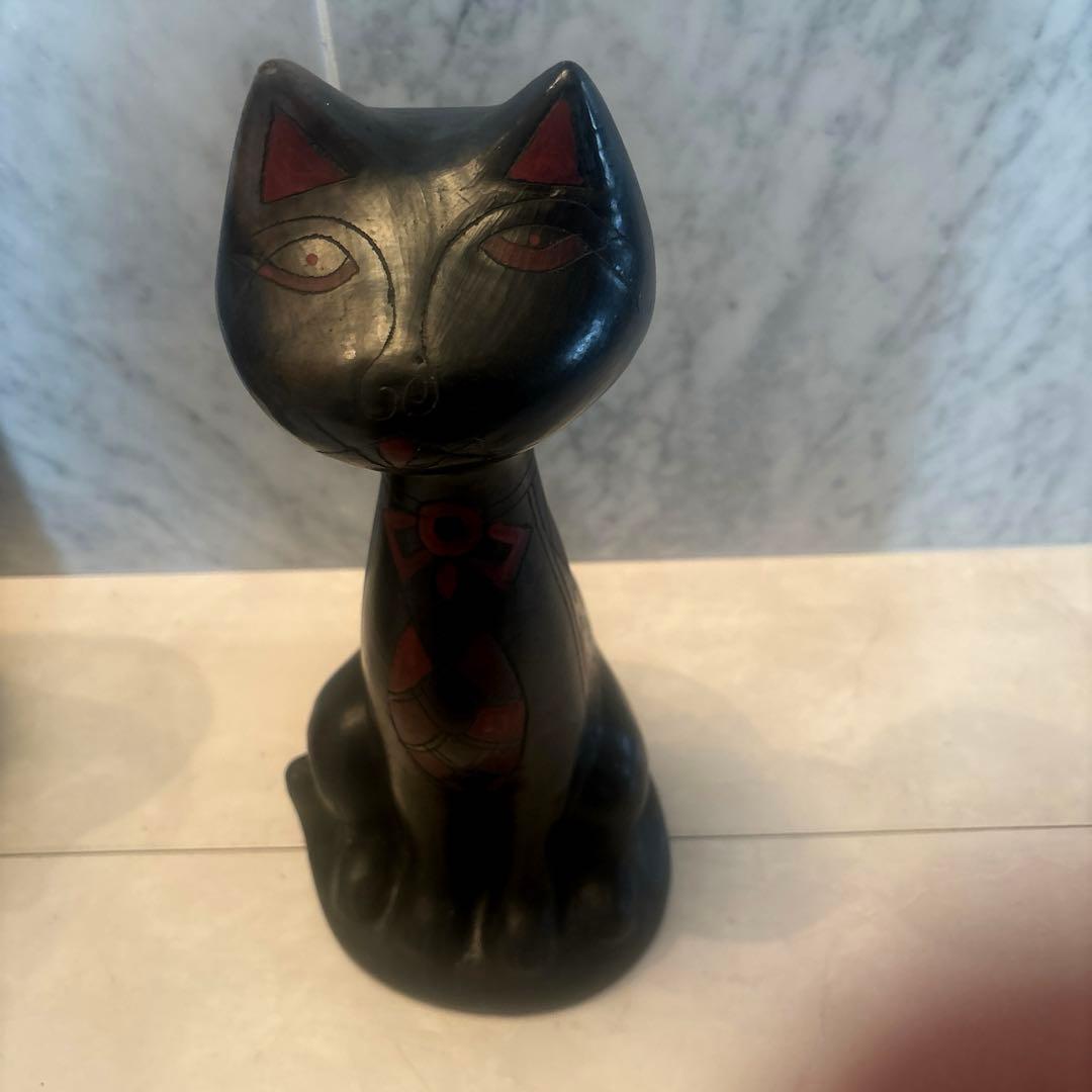 メキシコビンテージ　タトゥーのような美しい幾何学模様の猫陶器オブジェ