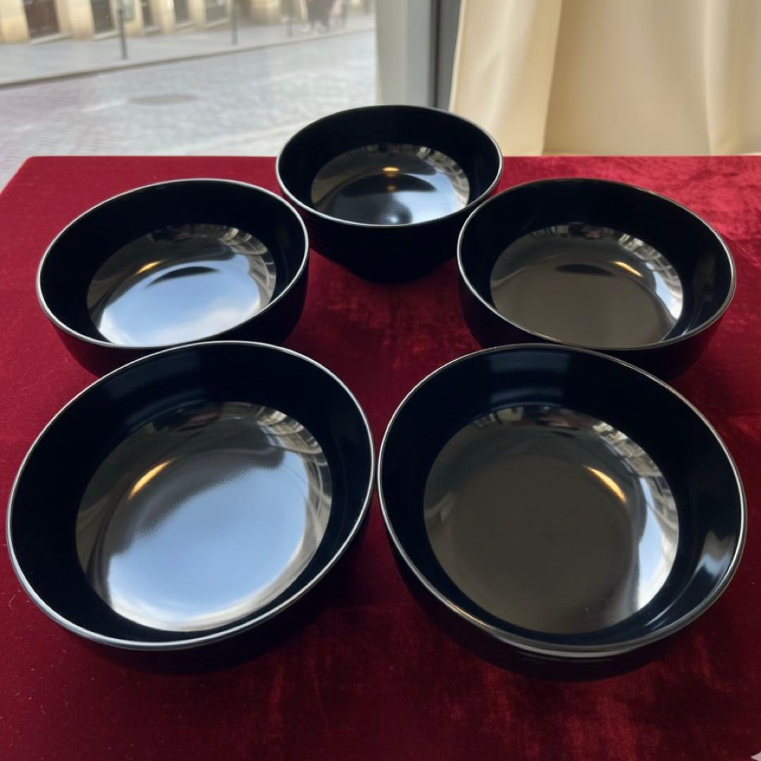 【時代物】金沢漆器 能作謹製 独楽蒔絵 千筋吸物椀×5客セット縁起物 民藝