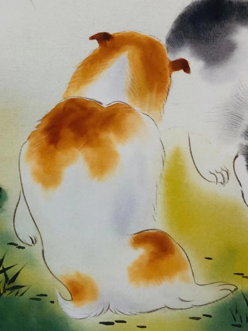 掛軸 田中香石『一笑之図 竹+子犬図』日本画 縁起物 絹本 共箱付 美品 掛け軸