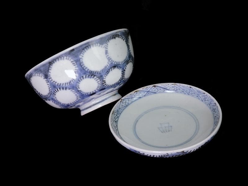 古伊万里　染付　雪輪紋の図　蓋茶碗　E857AS-fbpz