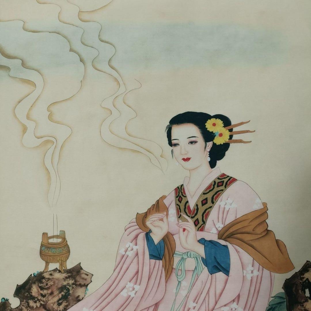 唐寅・貂蝉拜月図 中堂掛軸 帯証書・防偽標識付き 宣紙装裱／美術装飾画