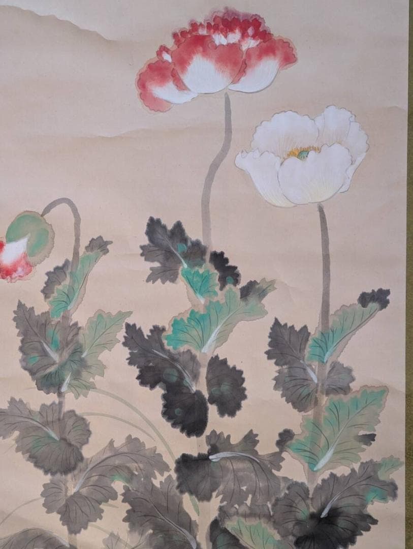 【真作】掛軸　芥子図　赤白けし彩色画　美麗静謐の一幅　合箱入　T78