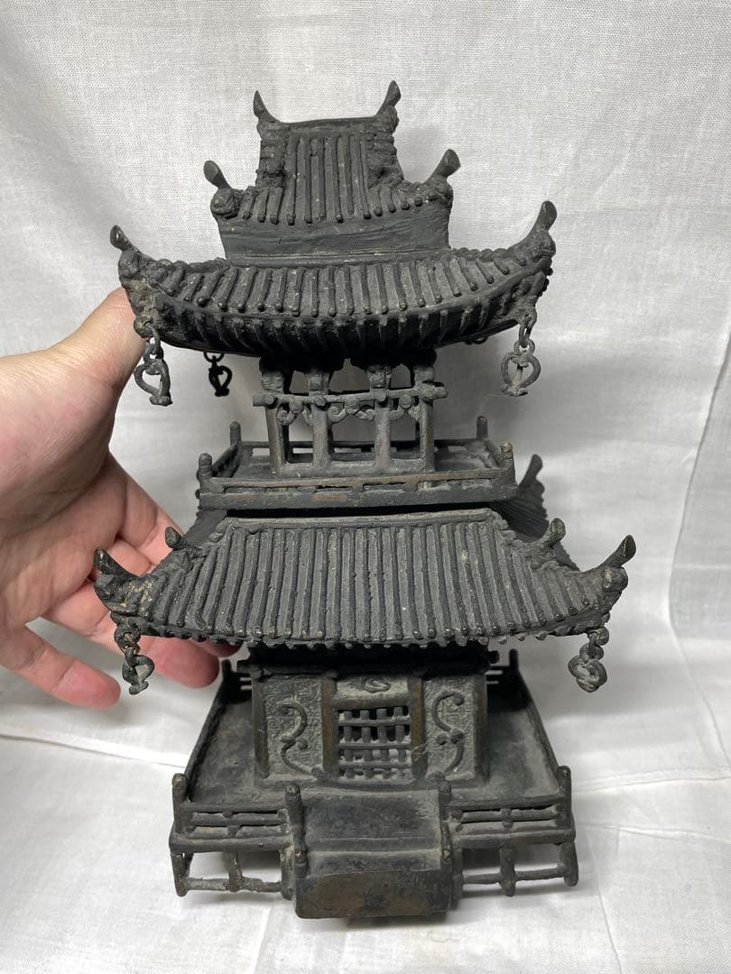 置物。古典樓閣。鑄銅。昭和初期。