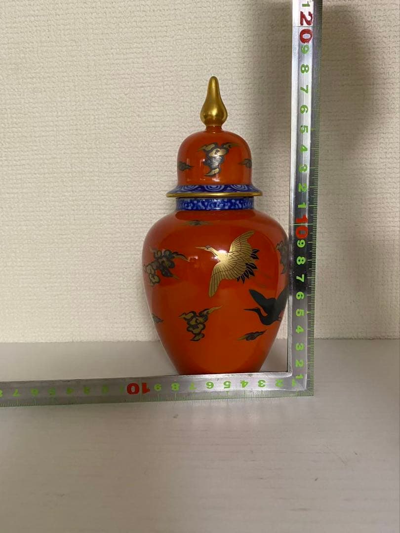 深川製磁 飾壺染錦手波鶴紋 陶器 年代物
