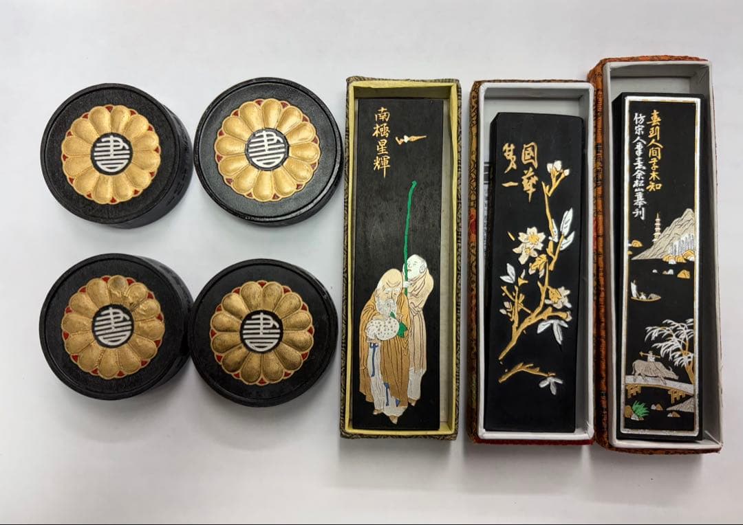 曹素功三十周年記念墨82年製4個.百寿図、鉄斎、大好山水各1個計7個【未使用品】