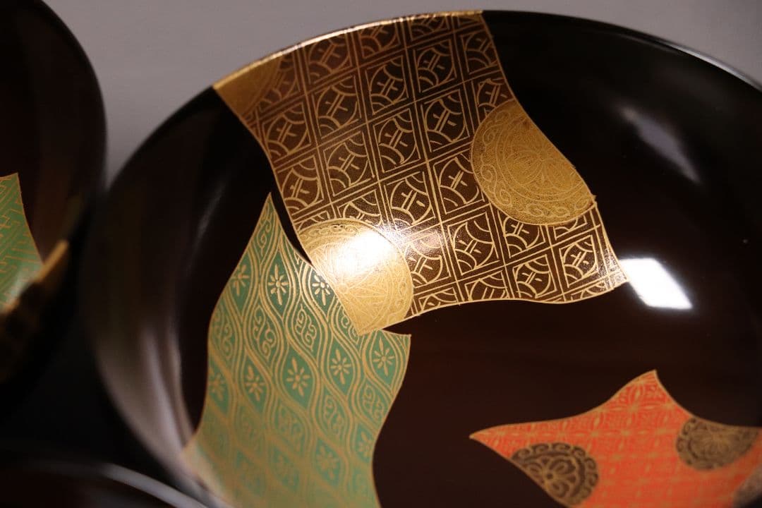 天然木漆塗 小紋伝統柄 蒔絵椀 五客 木箱入 黒塗 木製漆器 汁椀【CL65】