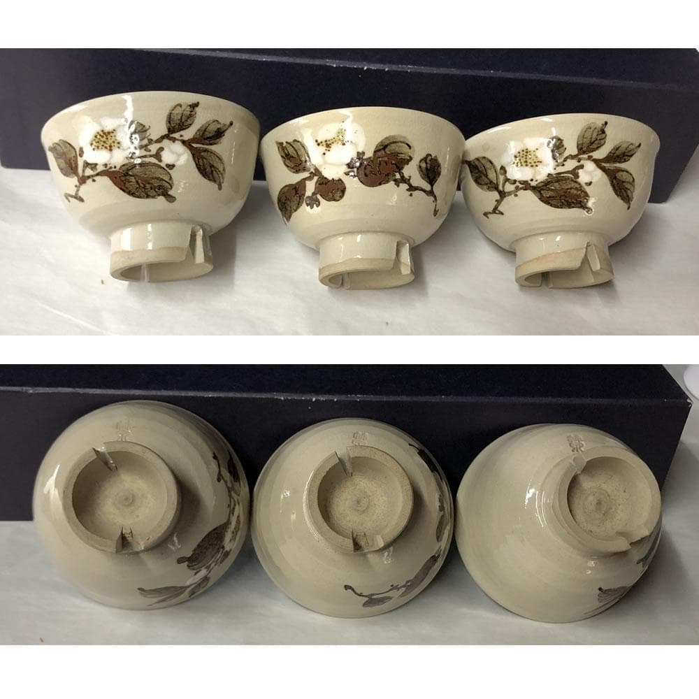 e3044 三浦竹泉 茶花画 煎茶碗 五客 共箱 茶道具