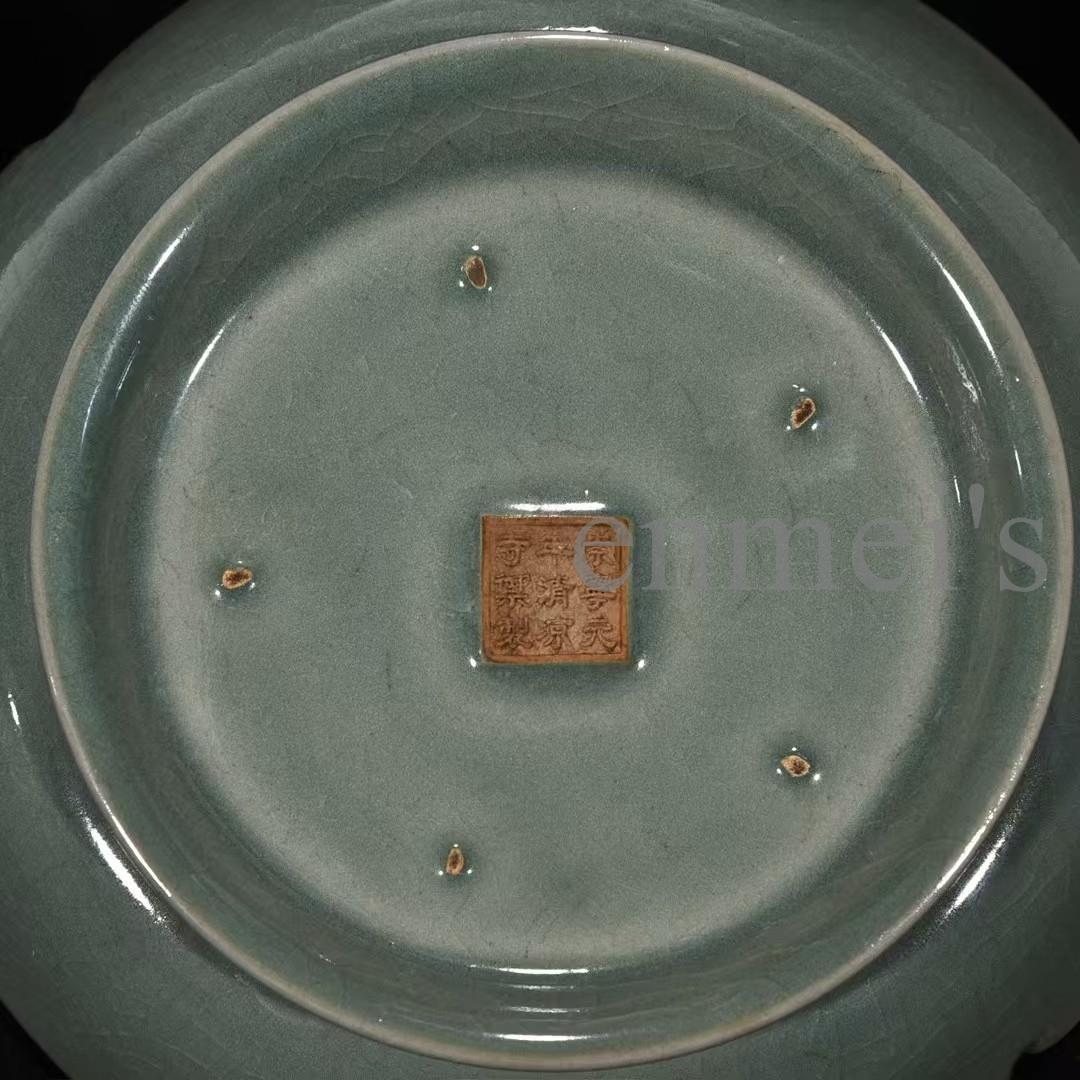 中国古美術・宋汝窯風螺鈿龍紋葵口中皿・陶器・置物・書道・茶道具・文房具・風水置物