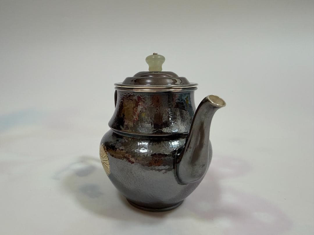 純銀製 菊文様 玉石摘 急須 銀瓶 煎茶道具