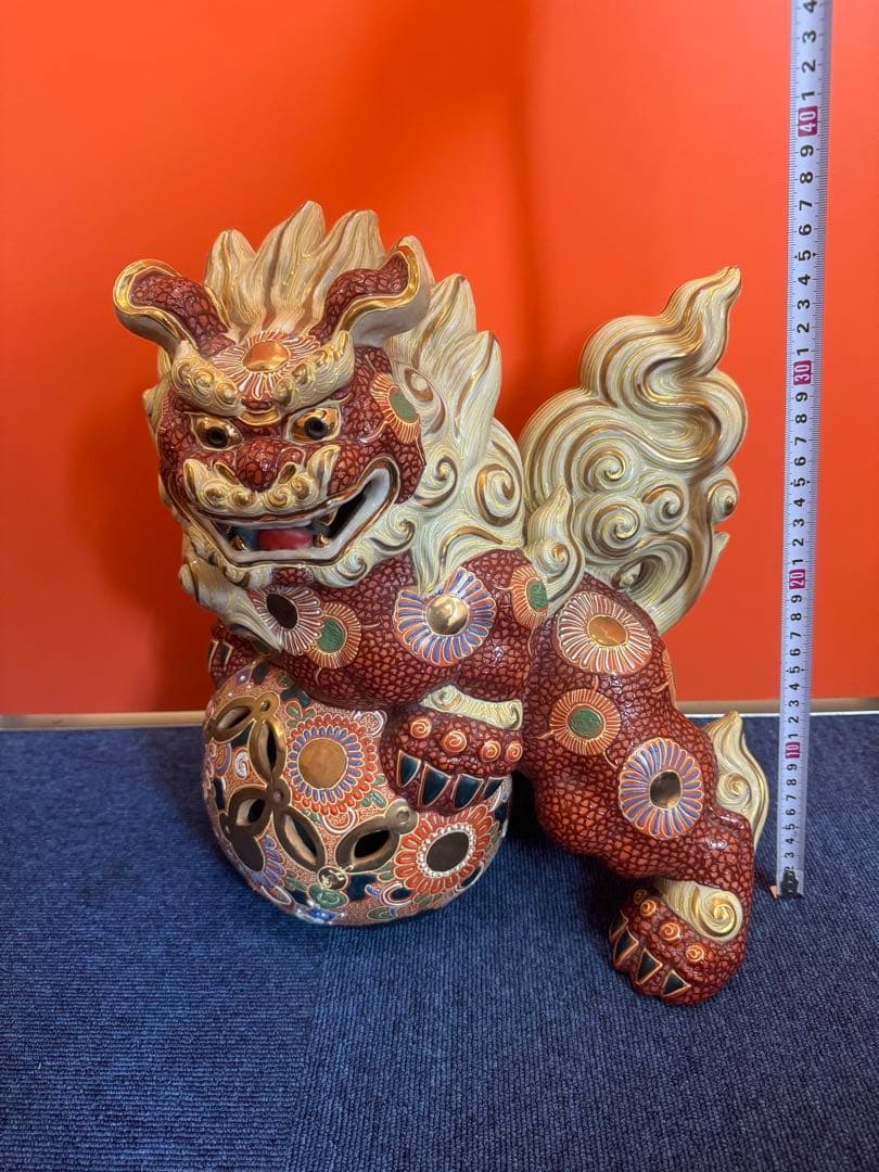 1903 九谷焼 太吉　特大　38cm  玉乗り獅子 狛犬 置物 縁起物