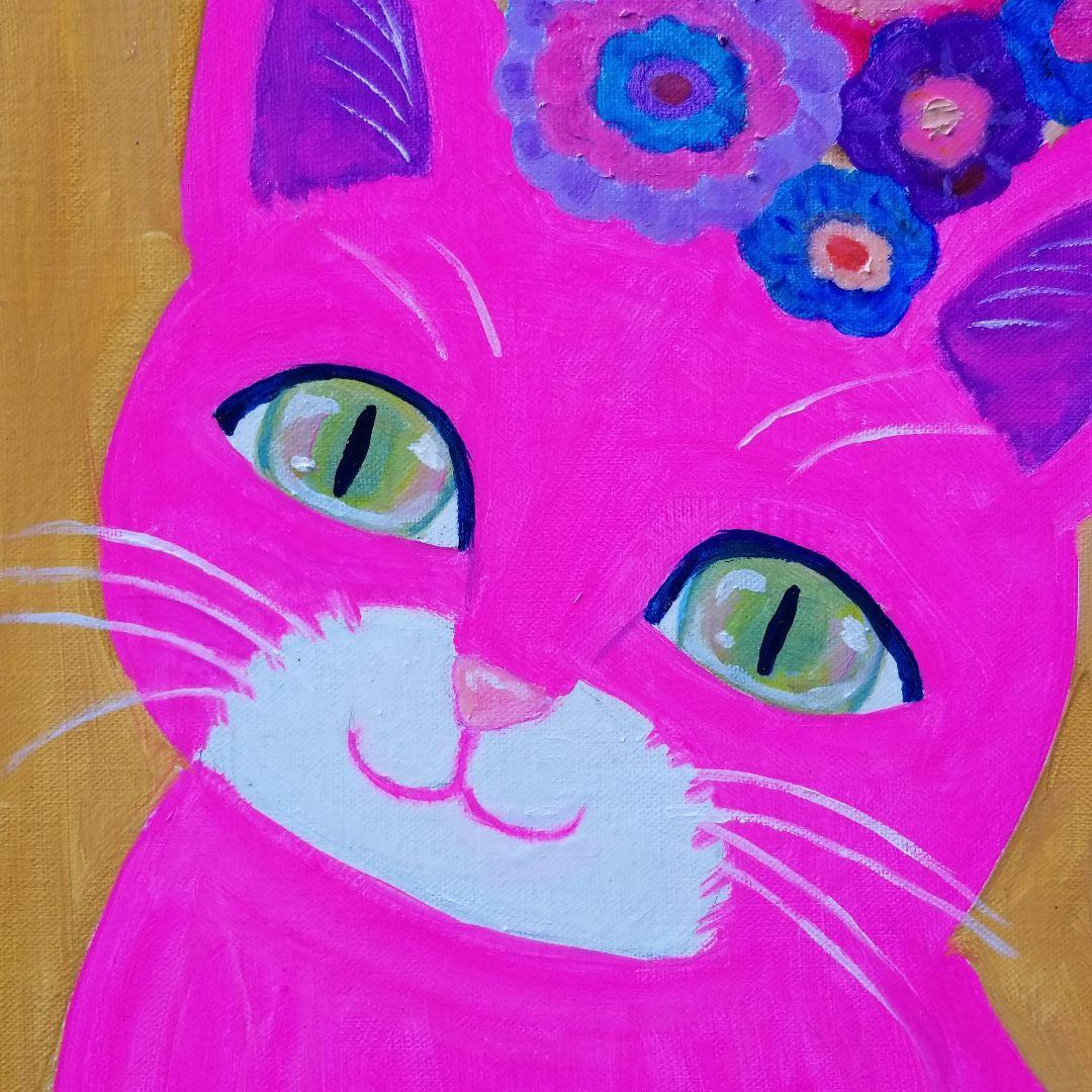 油絵　マミ　幸せを呼ぶピンク色の猫