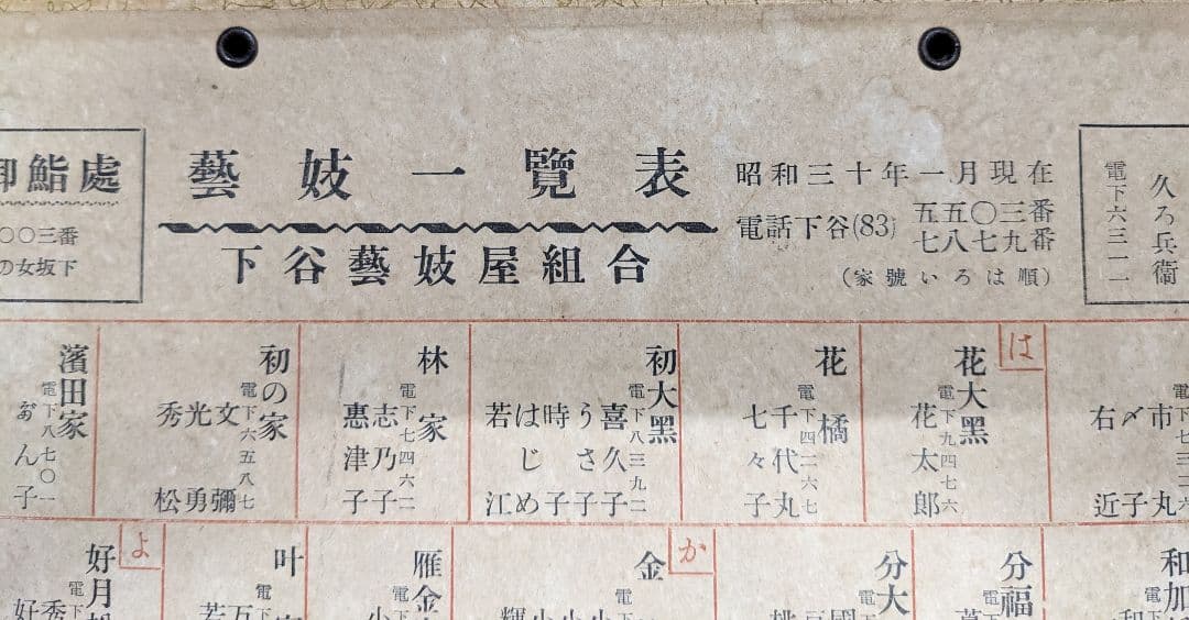 骨董　入手困難　芸姑一覧表　昭和30年 上野　御徒町