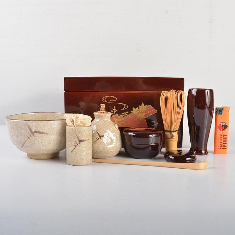 茶道具　溜塗　花筏蒔絵　茶箱　茶碗　棗など　八点　一式　V　R7073