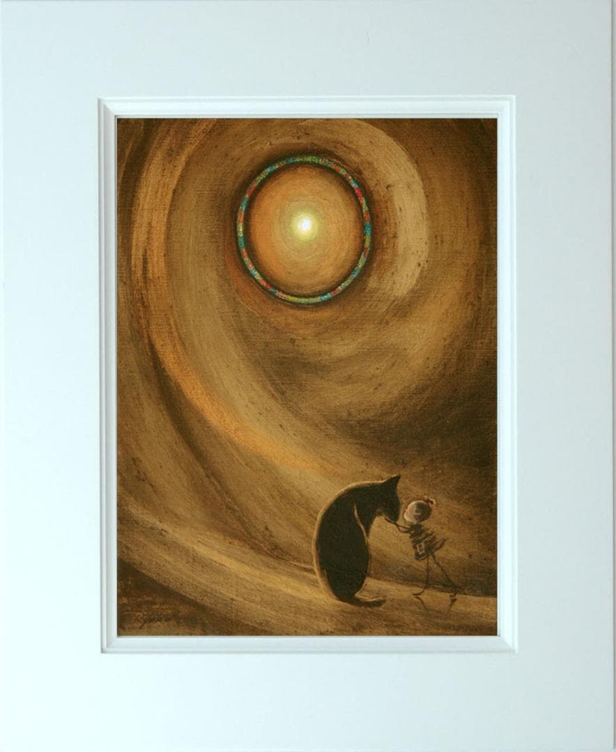 油絵 菅家令子絵 絵画インテリア額付(淡い銀青緑)F3-072819子猫犬女の子