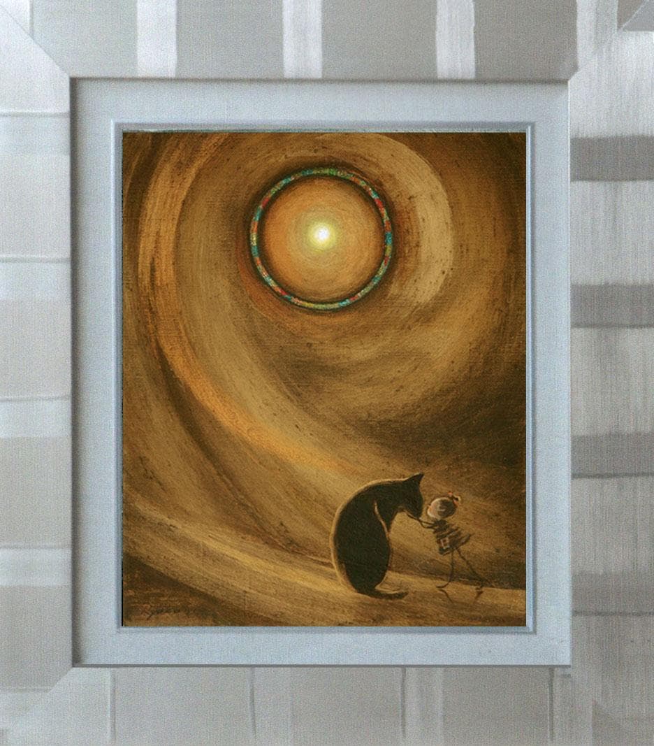 油絵 菅家令子絵 絵画インテリア額付(淡い銀青緑)F3-072819子猫犬女の子