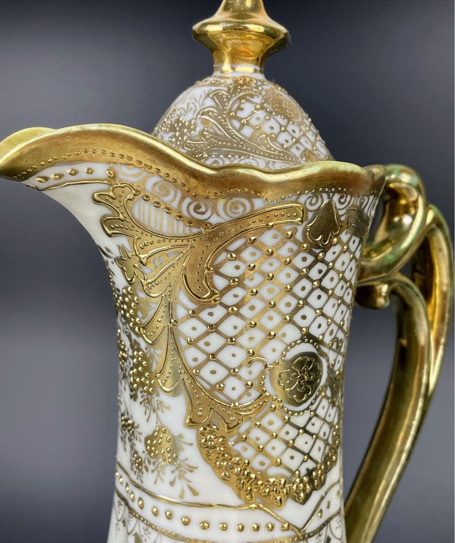 【大型31cm】オールドニッポン アールヌーボー様式 金盛り チョコレートポット