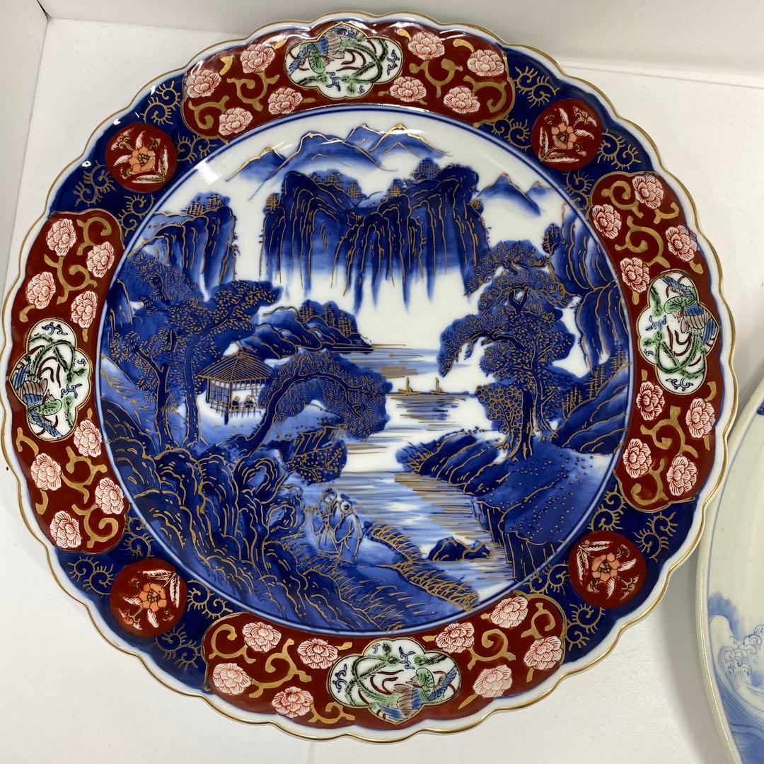古伊万里　染錦　染付大皿4枚　美人画木箱付　タニコ　東さ7-0626⑥