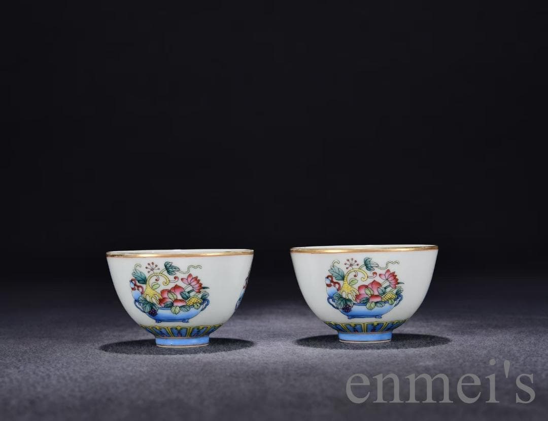 中国古美術・旧蔵・清乾隆粉彩多宝図杯セット・銘紋・唐物・茶碗・茶道具・古陶磁器