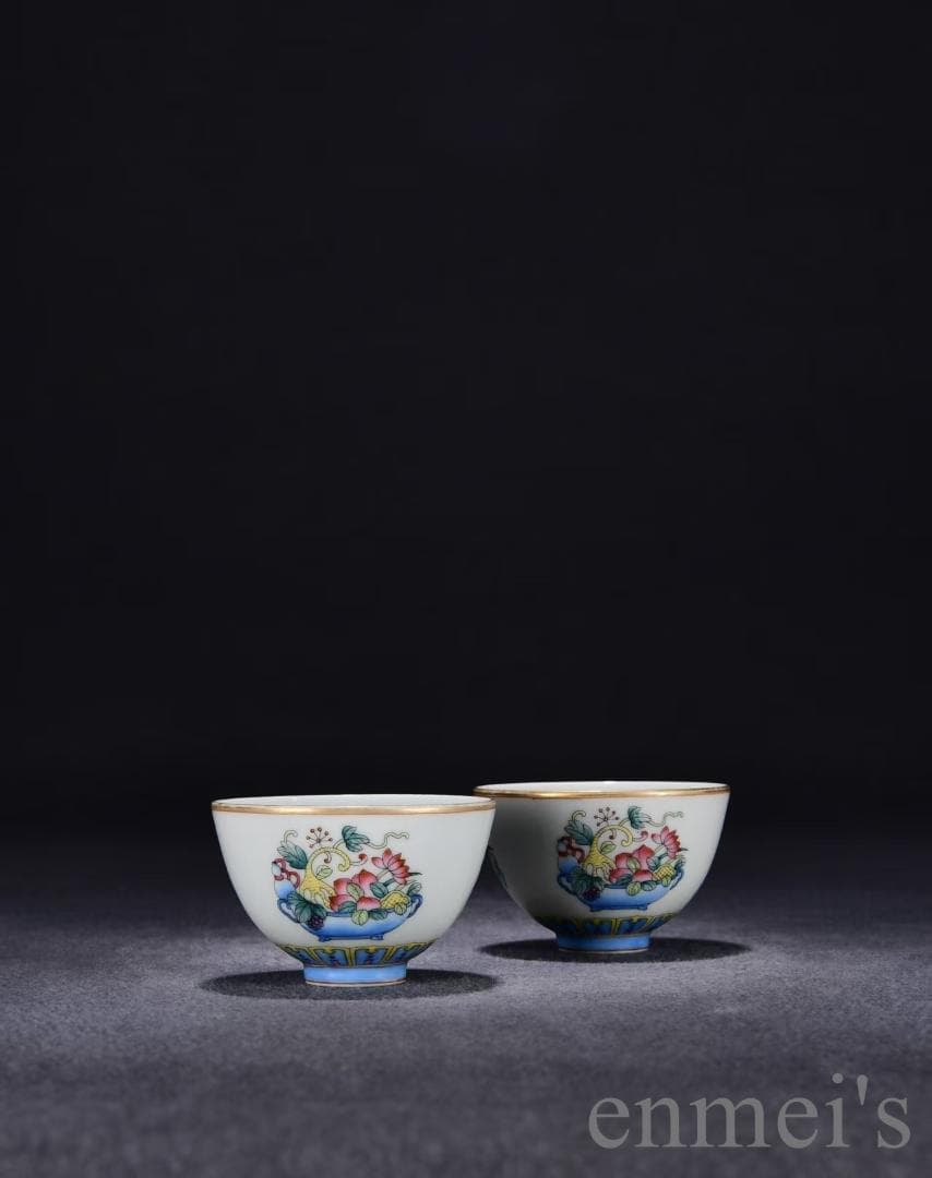 中国古美術・旧蔵・清乾隆粉彩多宝図杯セット・銘紋・唐物・茶碗・茶道具・古陶磁器