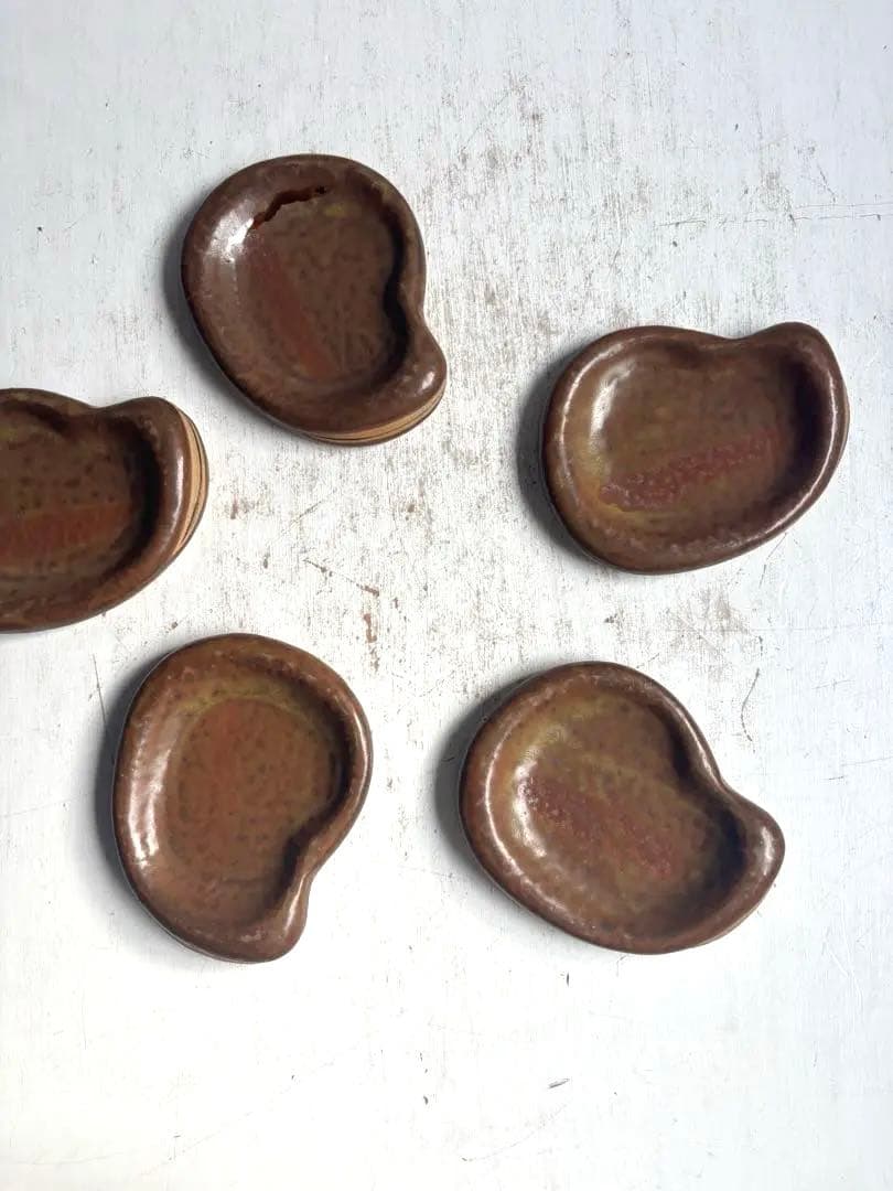 813 民芸 備前焼 作家作品 銘有 ヴィンテージ 豆皿 そら豆型小皿 5枚組