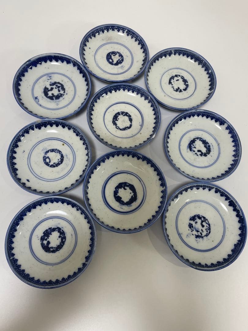 古伊万里 染付 花唐草模様 レトロ 明治 蓋付き 茶碗 8客 蓋9客