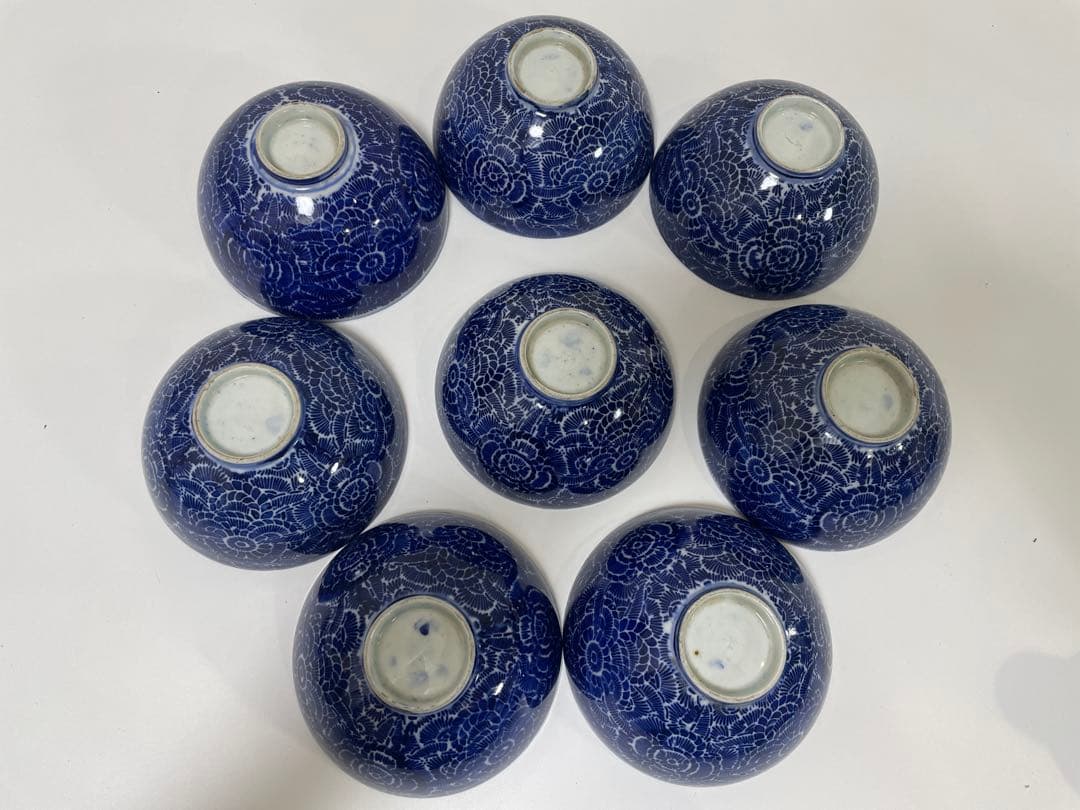 古伊万里 染付 花唐草模様 レトロ 明治 蓋付き 茶碗 8客 蓋9客