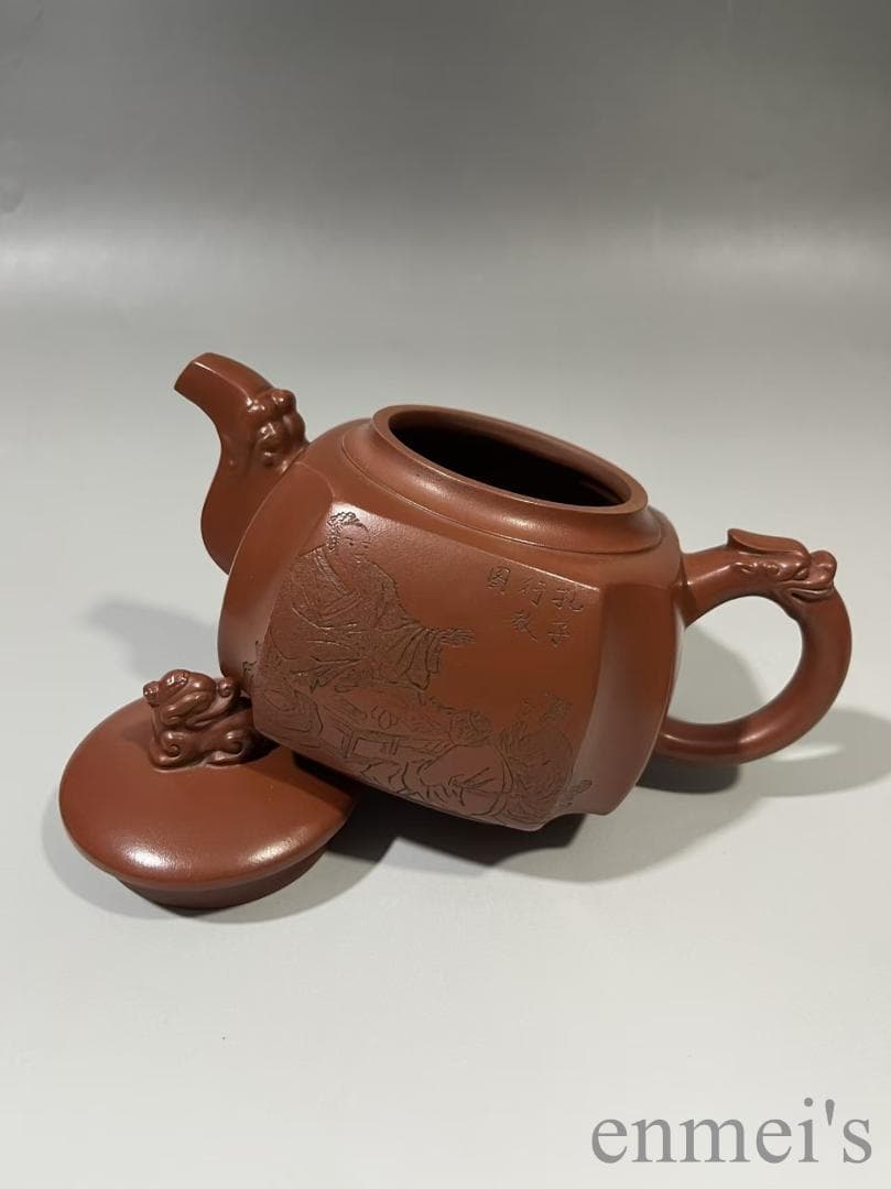 中国古美術 紫砂壺 四方壺 底款:ユィ国良 急須 茶壺 唐物 茶銚 獅子彫刻付き