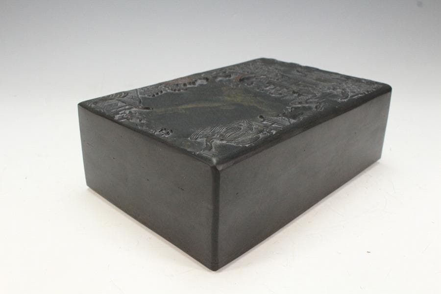 中国美術 文房具 端渓 硯 刻 庭園 箱付(K-LC730)