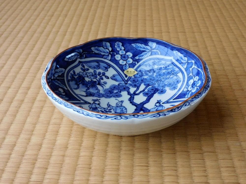 平安秀峰　清水焼　染付　菓子鉢　文人画