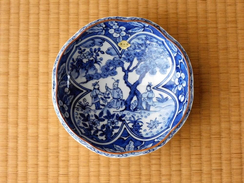 平安秀峰　清水焼　染付　菓子鉢　文人画