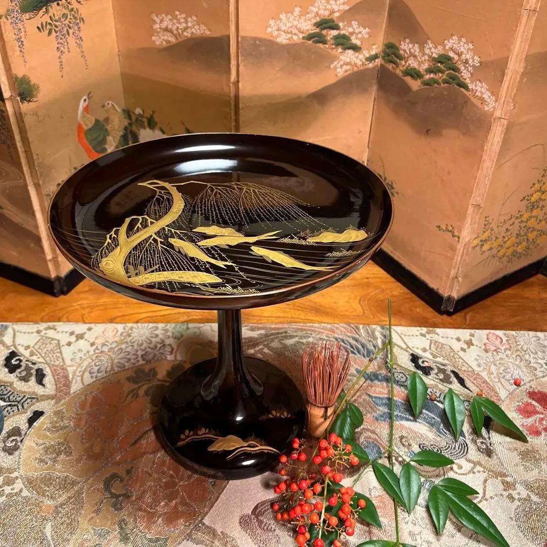 A1036 木製輪島塗　柳に鮎　金縁　蒔絵　高月　高杯　　1基（供箱付）