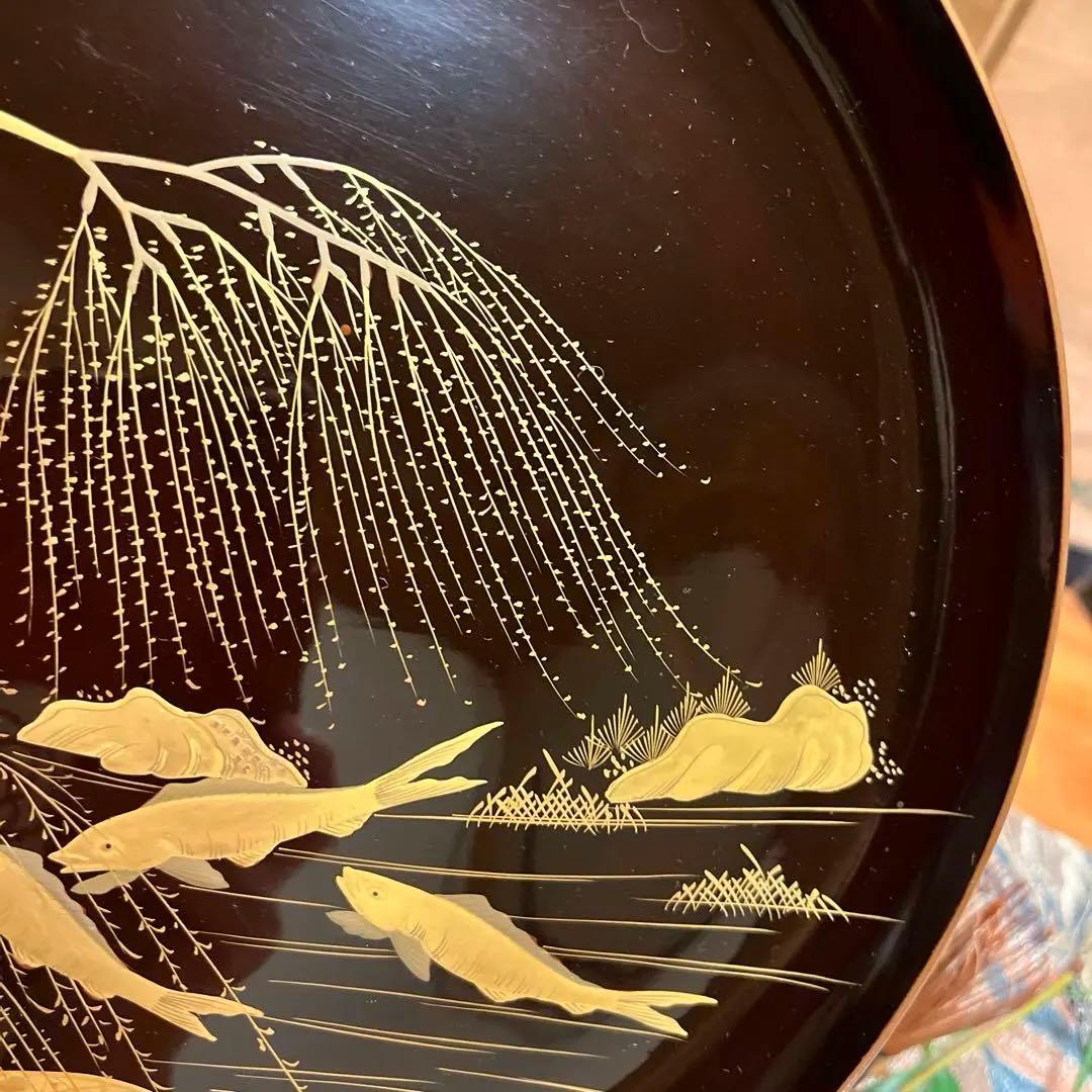 A1036 木製輪島塗　柳に鮎　金縁　蒔絵　高月　高杯　　1基（供箱付）