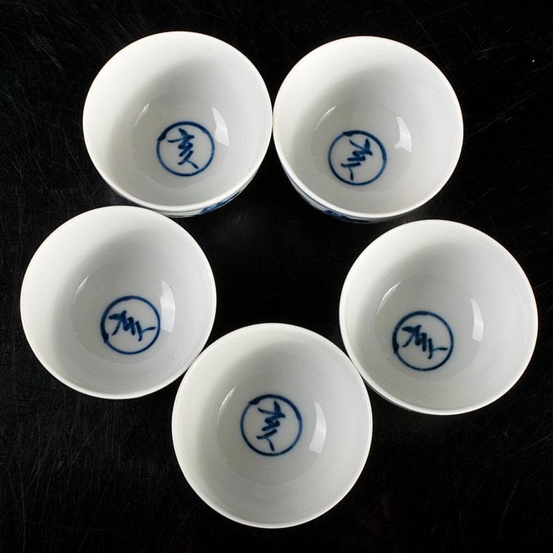 煎茶道具　賣茶好　染付　亥年白菜文　煎茶碗　5客　共箱　V　6194