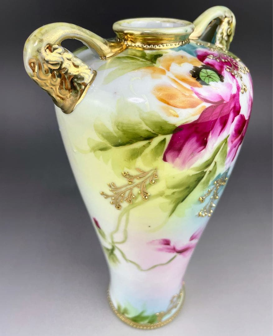 オールドノリタケ 約２３cm アールヌーボー ポピー花紋花瓶 金盛り 盛上げ