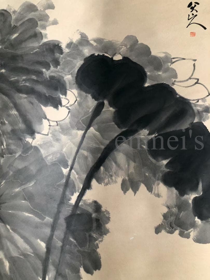 中国古美術・四尺蓮花掛軸・水墨画・八大山人印款・書道品・茶道・賞物・珍品画・肉筆