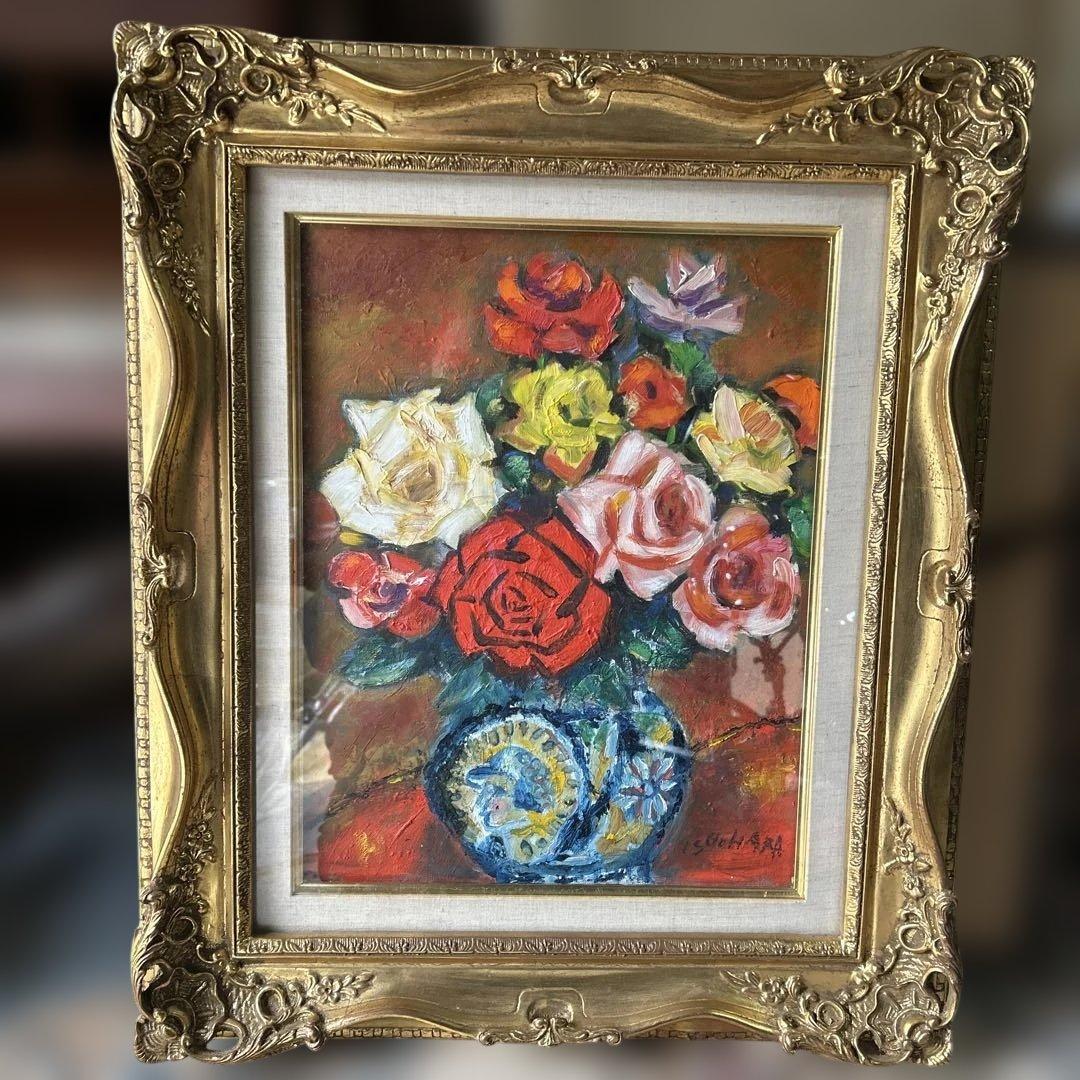 バラの花　油彩画 クラシック額付き　F6号