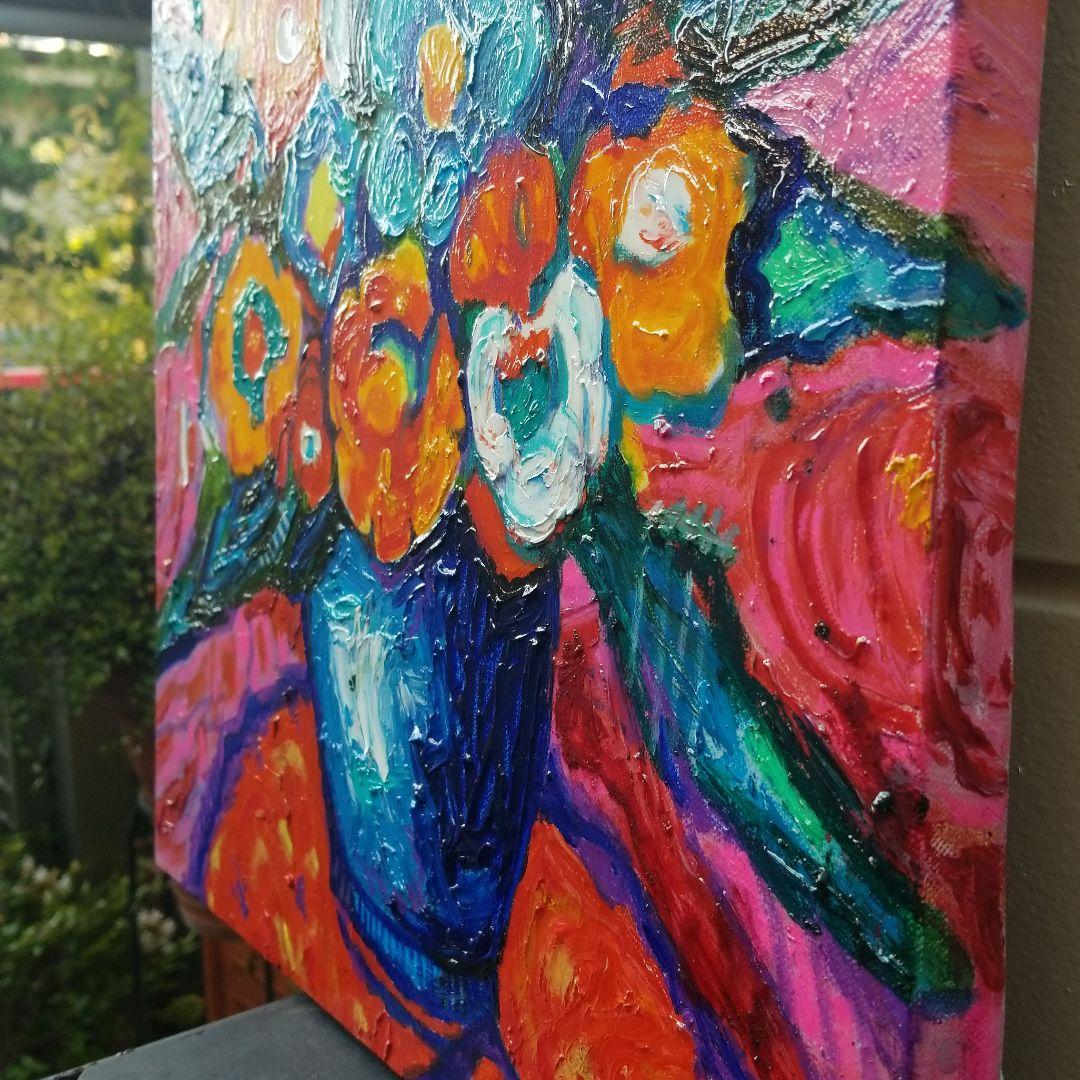 油絵　専用　赤いテーブルに置いた花瓶 　 抽象画