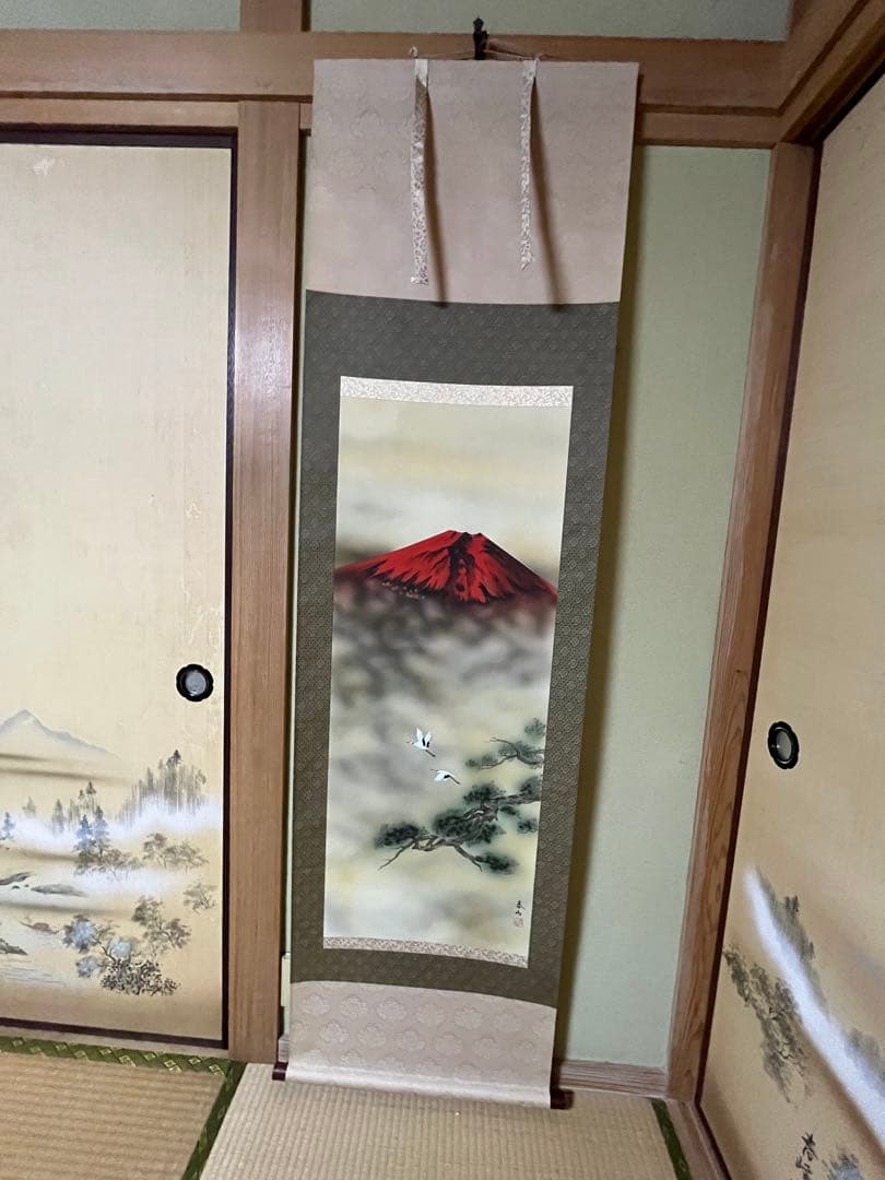赤富士 赤富士飛鶴 金子泰山 掛け軸 掛軸 鶴 松