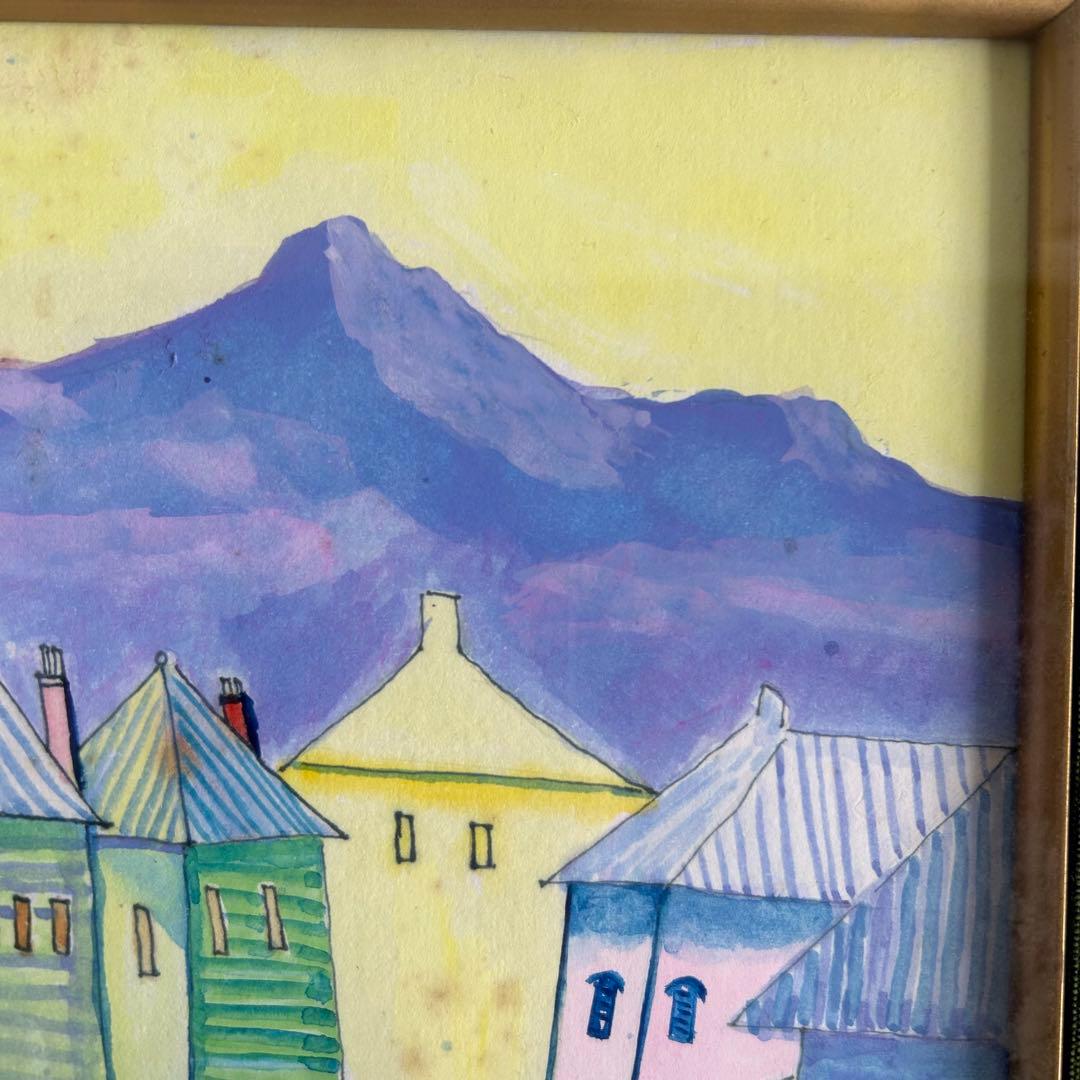 在銘 水彩画 街並みと山の風景