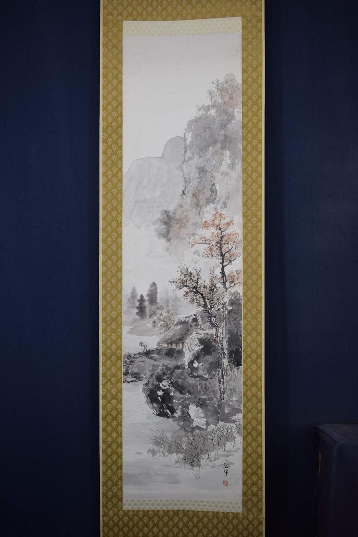 【真作】中山欽璋/秋山水車小屋図/秋景山水人物図/掛軸☆宝船☆Y-237　JM