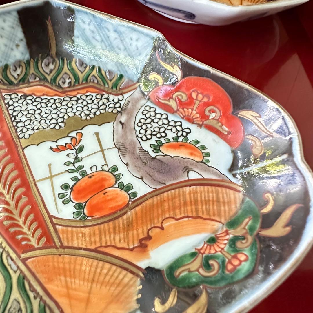 S様へ感謝お嫁入り‼️四季に麗し‼️伊万里錦手若松＆橙＆ふきよせ　兜菱形刺身皿 5客