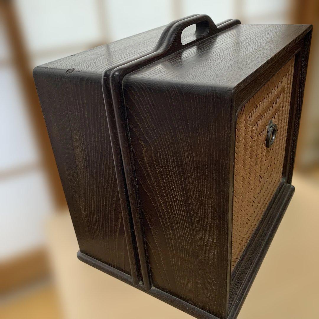 茶箱　煎茶道具箱　木製茶箱 2段収納 編み込みデザイン　古美術 持ち運び　野点