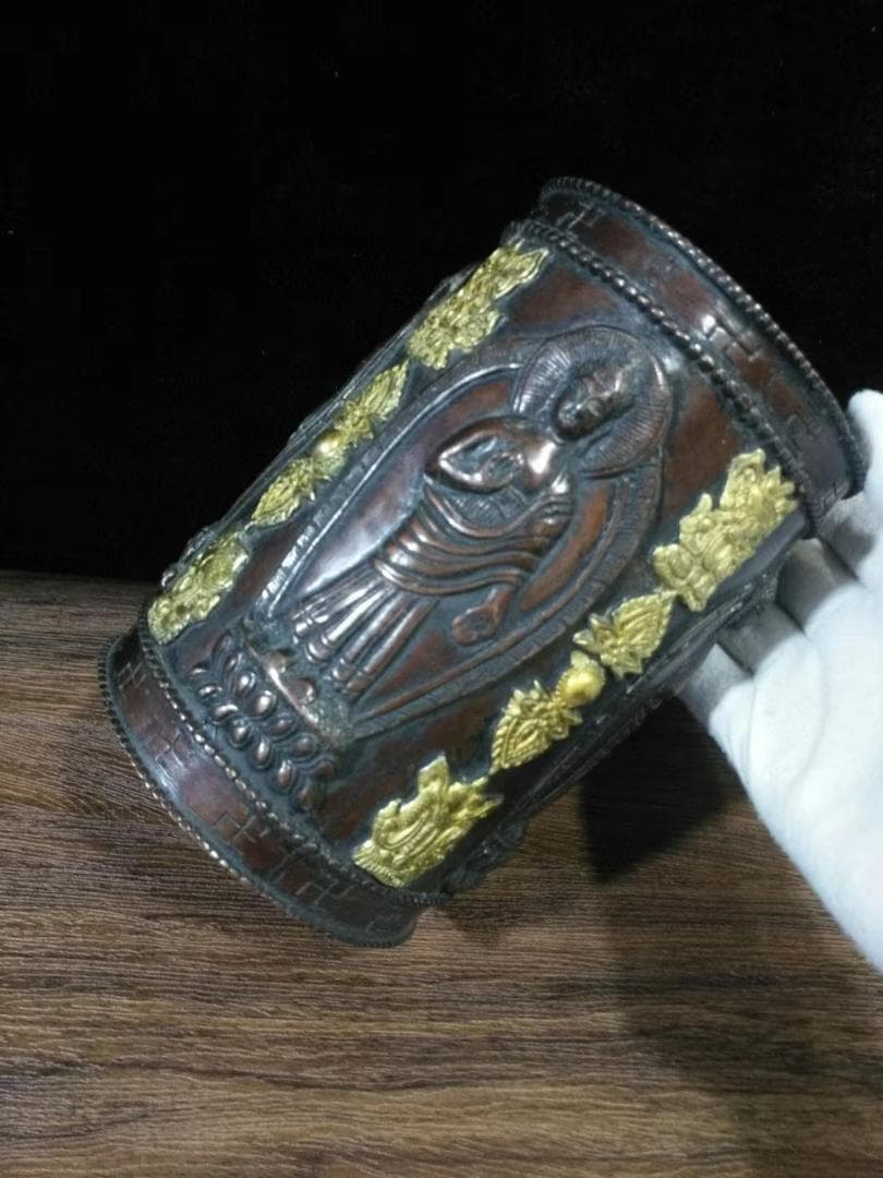 中国古美術・チベット铜鎏金八吉祥《四面佛金剛罐》・細密彫 ・六字大明呪彫刻・置物