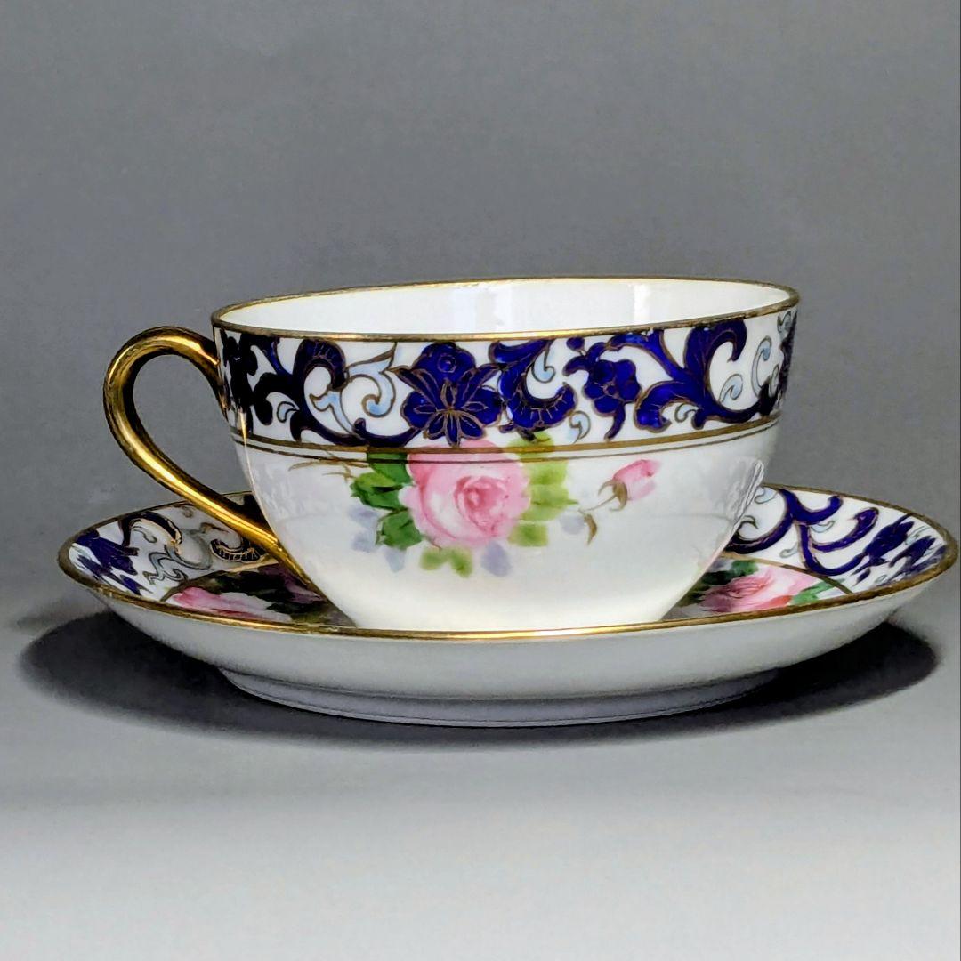 オールドノリタケ銘品!! 金彩藍帯薔薇図紋　キャビネットカップ＆ソーサー