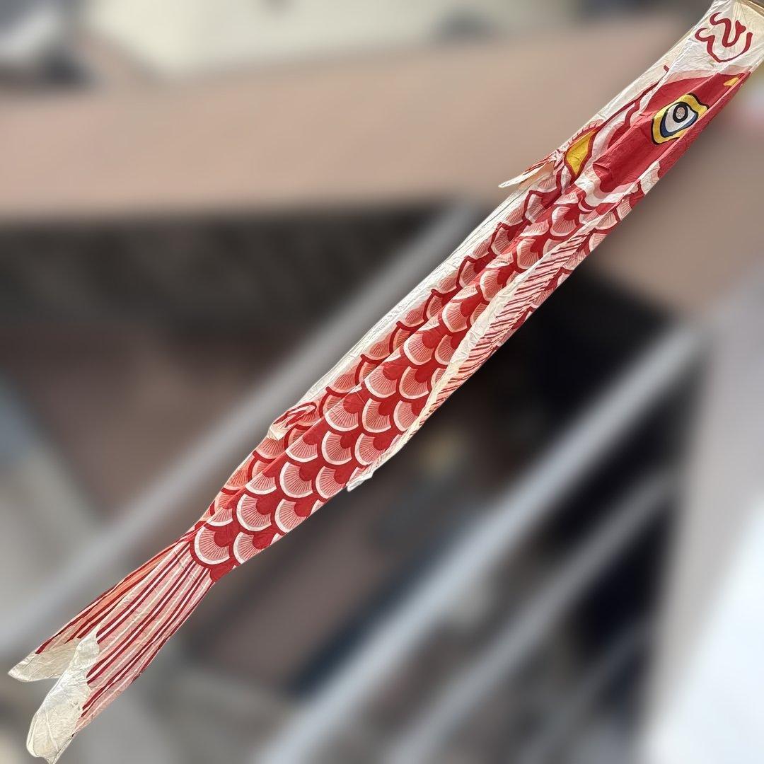 古布 赤い鯉のぼり 木綿 伝統 リメイク 大型 木綿 昭和 彩色 祝旗 幕 布