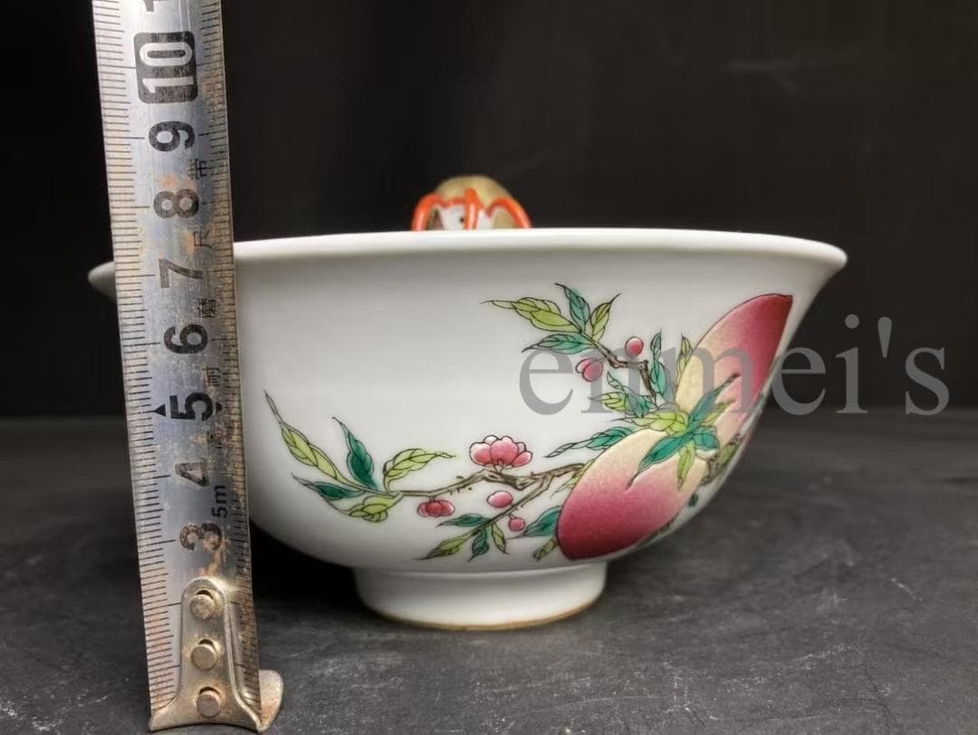 中国古美術・粉彩桃の花蓋碗・広口の茶碗・純手描き・茶道具・陶磁器・文房具・置物